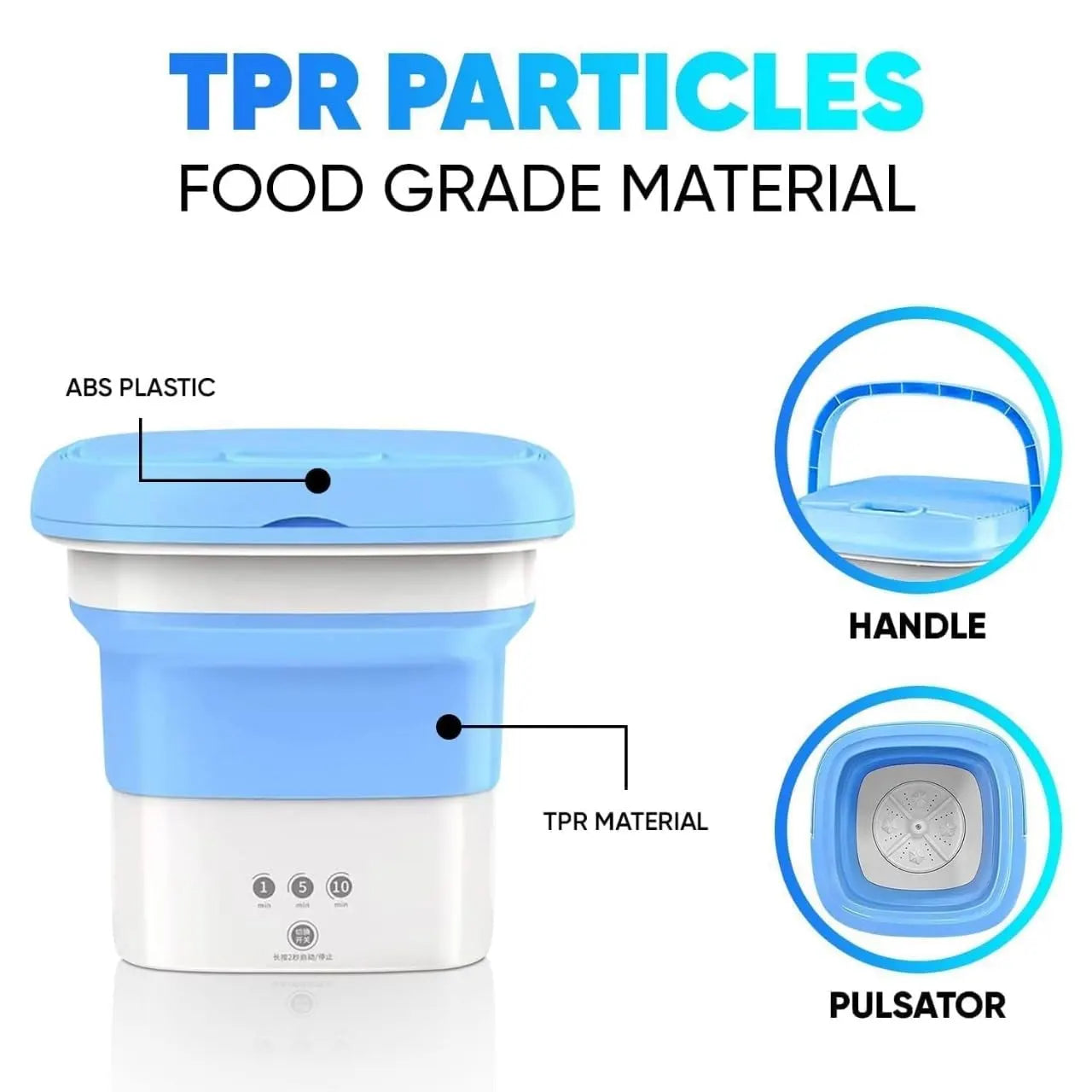 Collapsible container with labeled parts on a white background, featuring TPR particles and food-grade material.