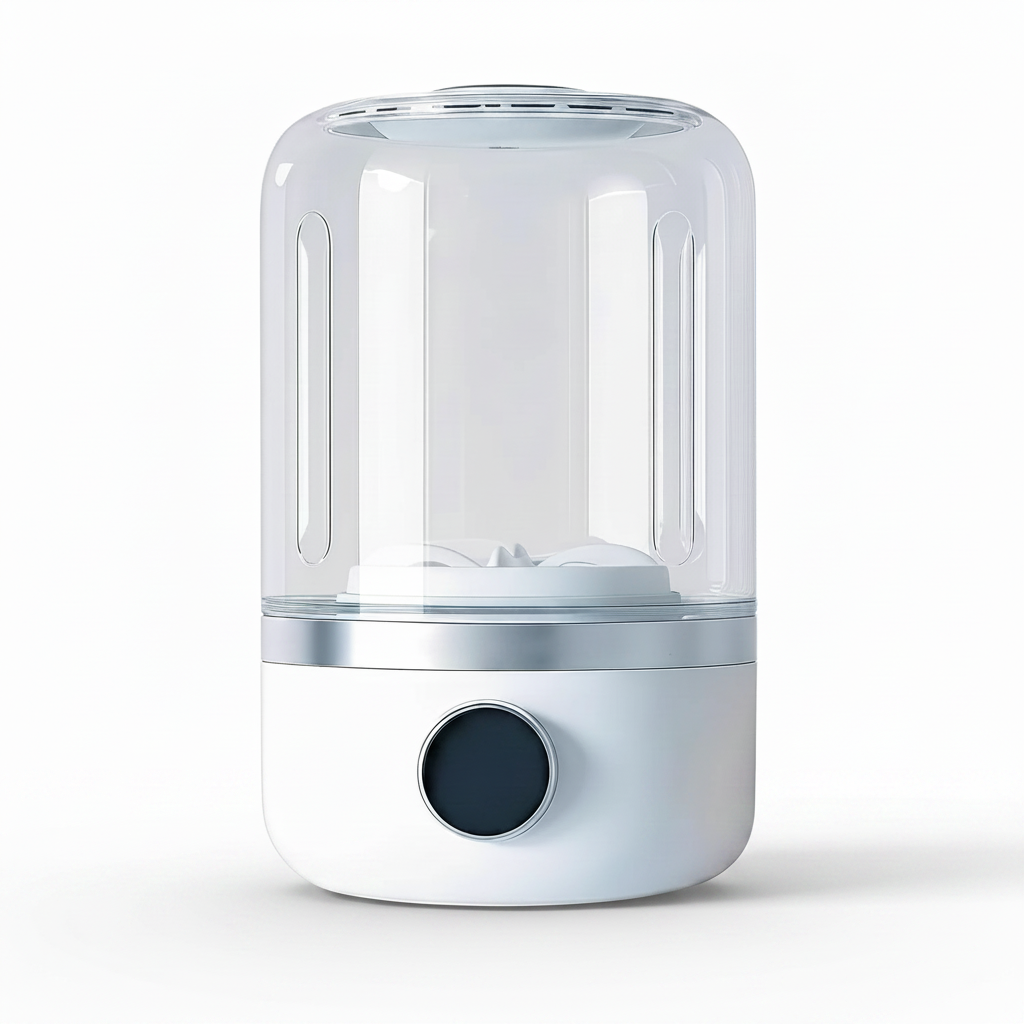 Clear cylindrical humidifier with a dark circular button on a white background