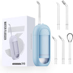 Blue water flosser with packaging and additional nozzles on a white background