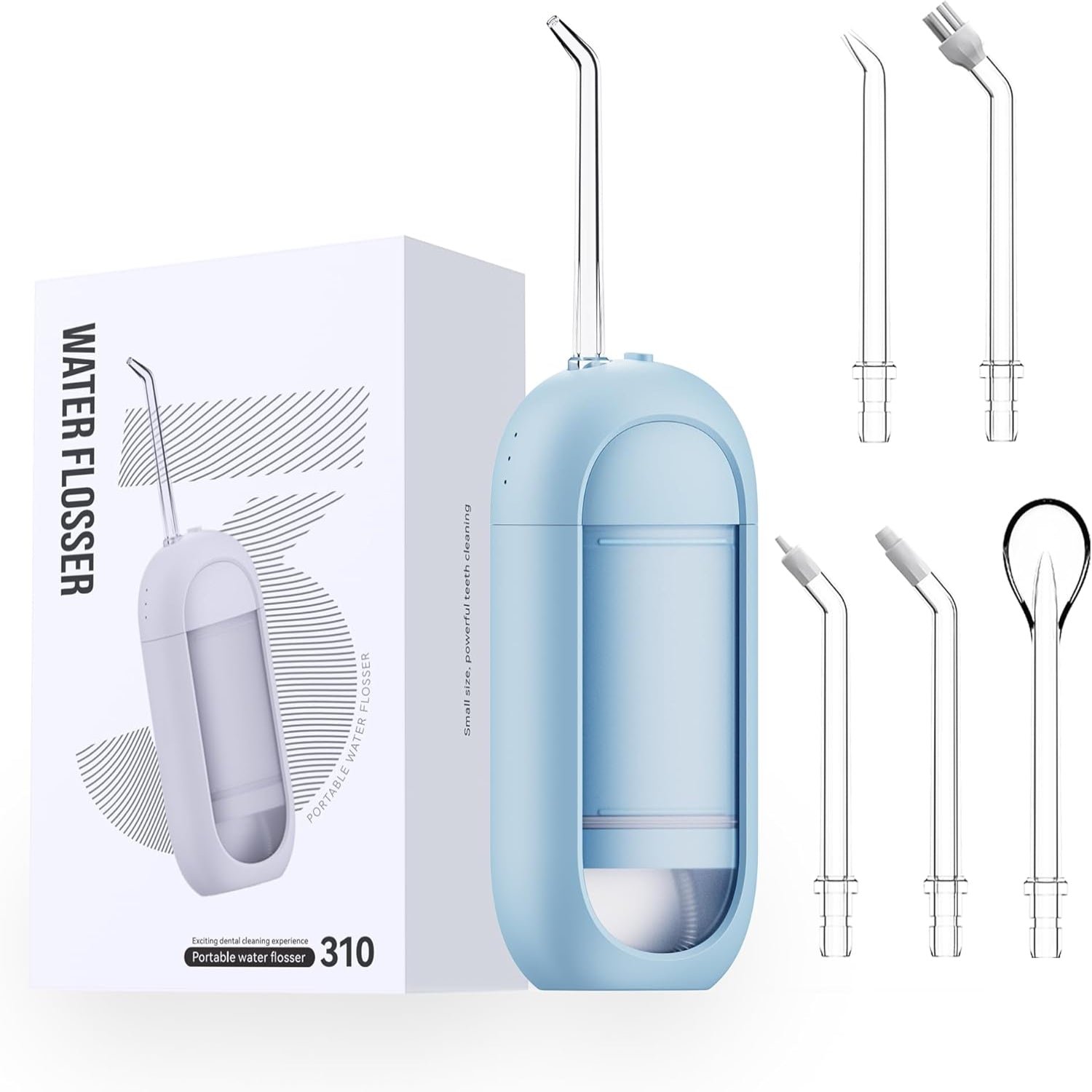 Blue water flosser with packaging and additional nozzles on a white background