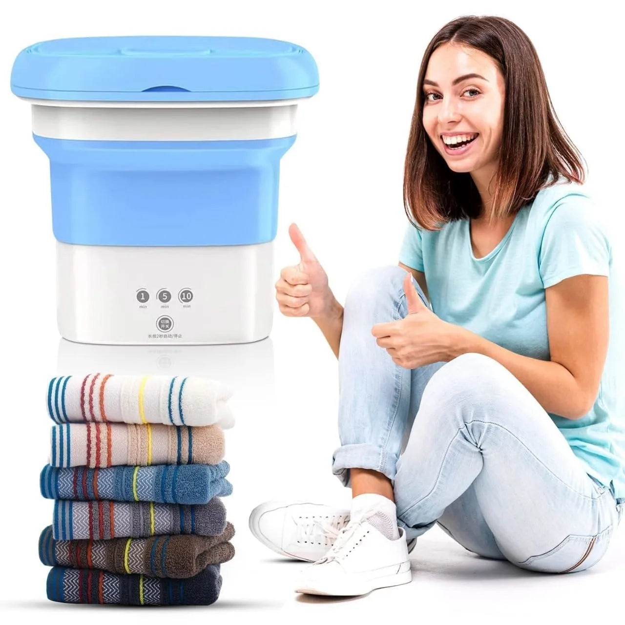 Woman giving a thumbs up next to a collapsible laundry basket with folded clothes inside on a white background