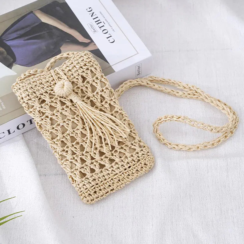 Handwoven Vintage Straw Beach Phone Bag With Tassel