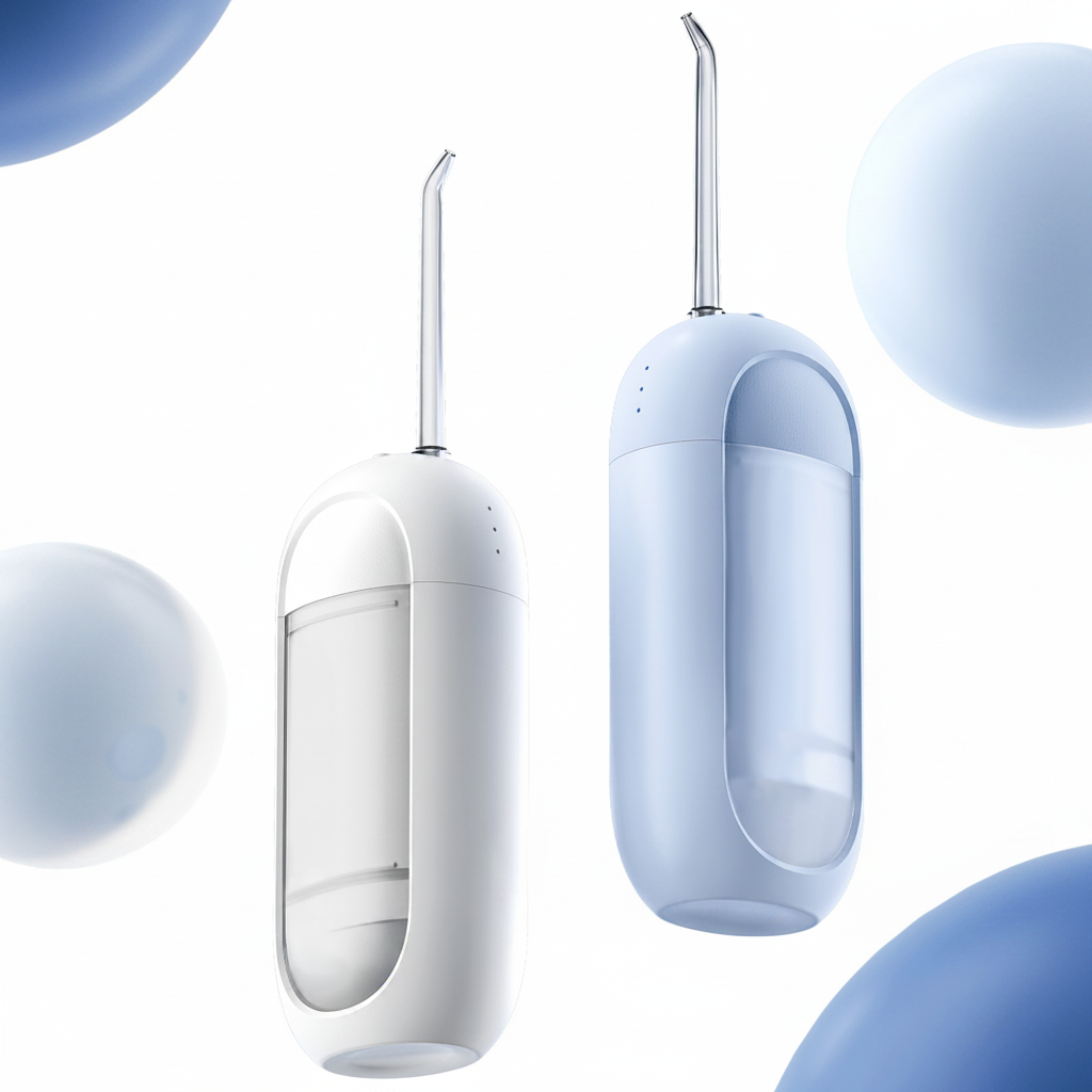 Two dental water flossers, one white and one blue, on a light gray background.