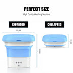 Collapsible washing machine with expanded and collapsed views, dimensions labeled.
