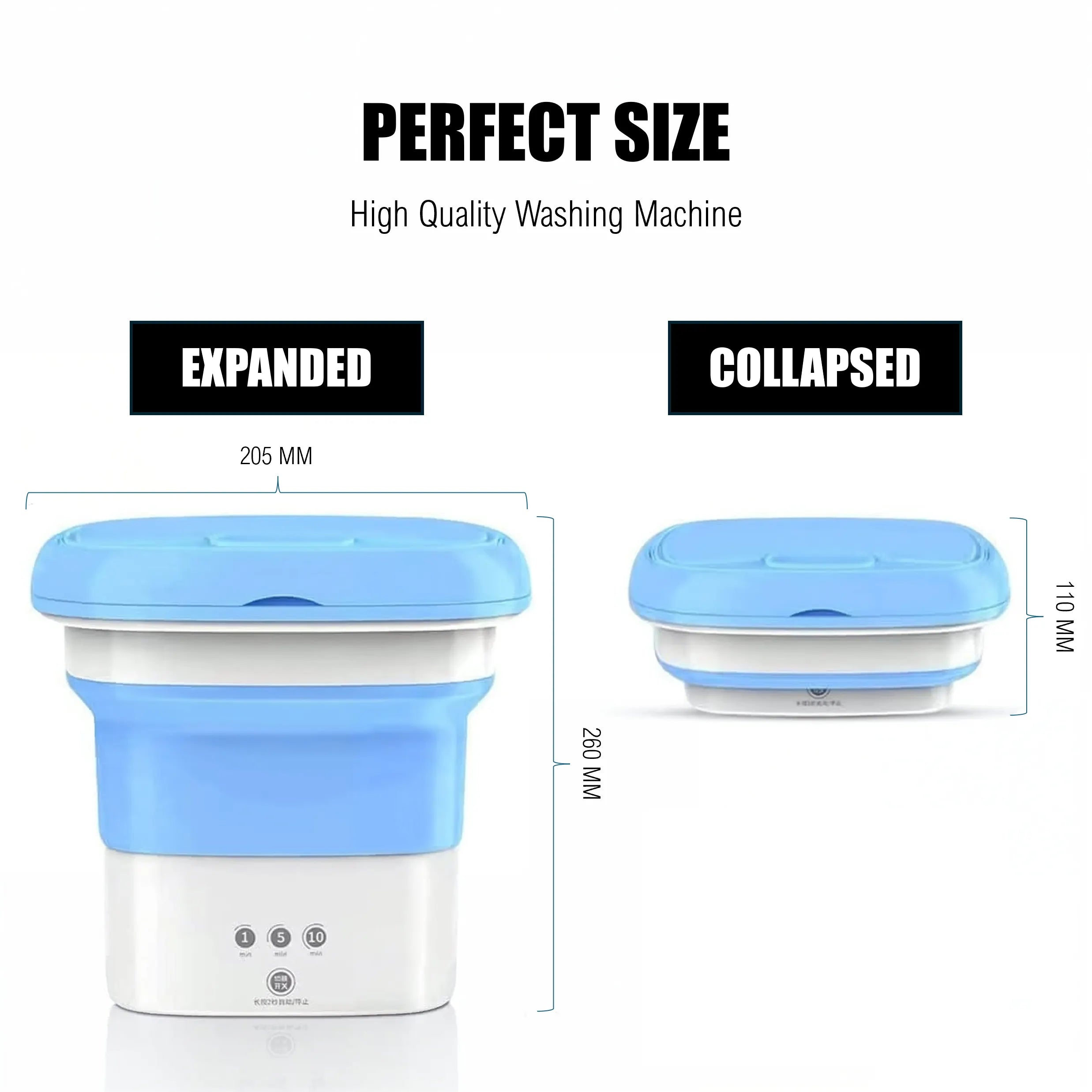 Collapsible washing machine with expanded and collapsed views, dimensions labeled.