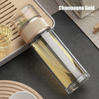 Clear glass tumbler with gold accent on a dark surface, labeled 'Champagne Gold' and '350 ML'.