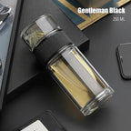 Clear glass bottle with black cap on a dark surface, labeled 'Gentleman Black' and '250 ML'.