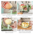Instructions on using a green apple peeler with text overlay