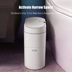 White trash bin with text indicating its width and design for narrow spaces