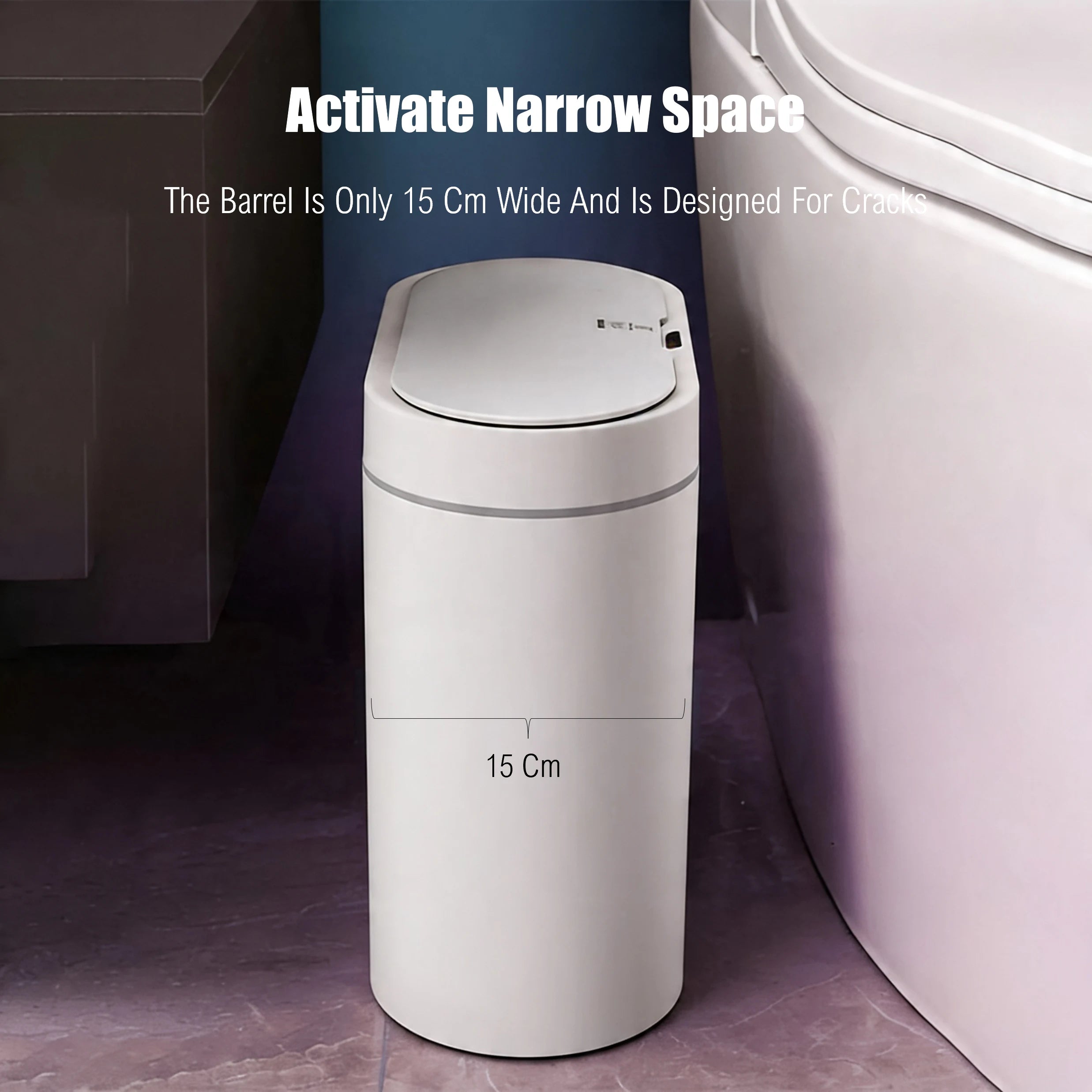 White trash bin with text indicating its width and design for narrow spaces