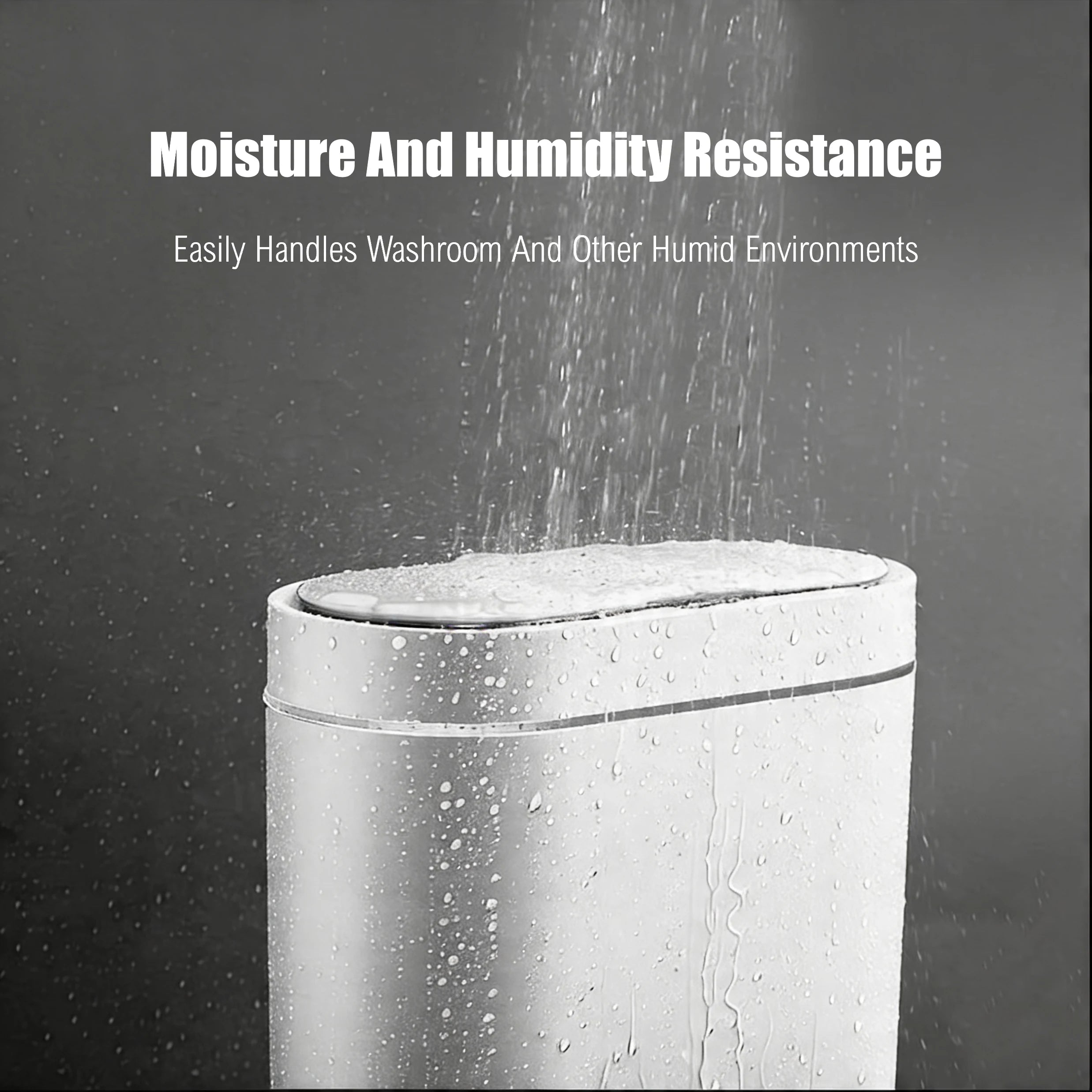 Product with moisture and humidity resistance text on a gray background