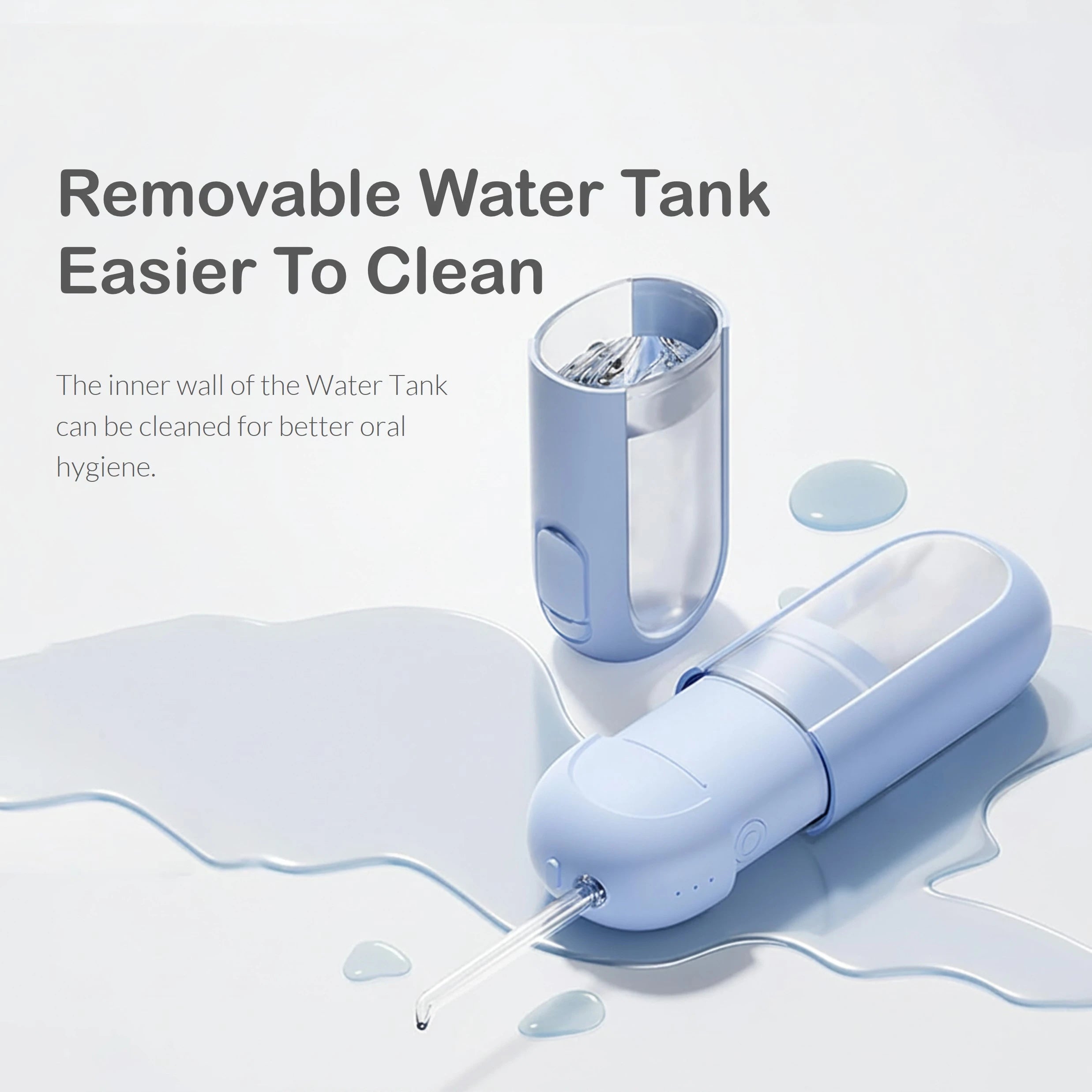 Blue dental water flosser with text highlighting removable water tank feature on a light gray background.