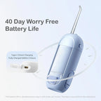 Portable device with charging cable and text about battery life on a light blue background