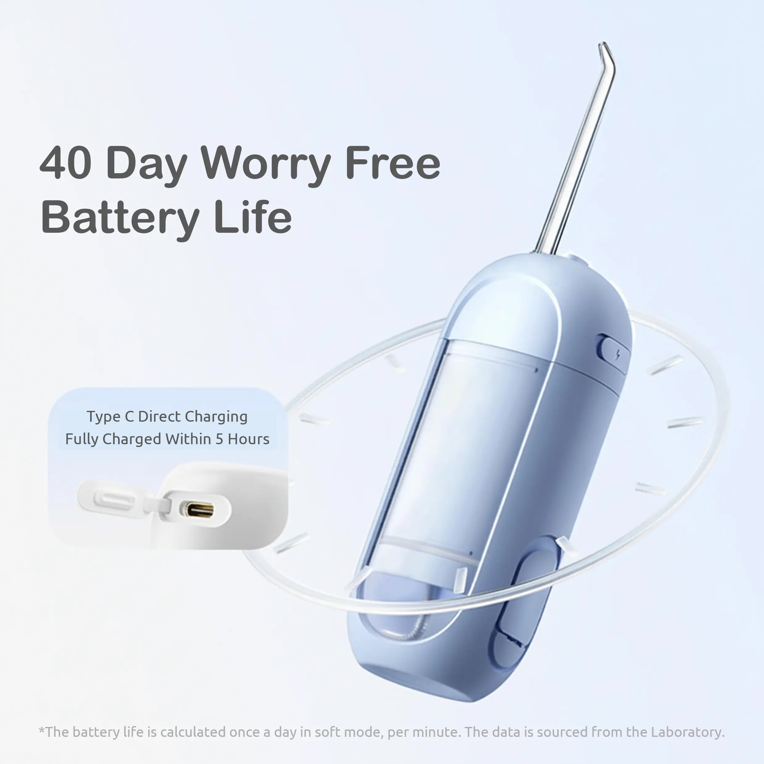 Portable device with charging cable and text about battery life on a light blue background