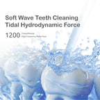 Teeth cleaning system with water flow and text about soft wave teeth cleaning and tidal hydrodynamic force.
