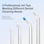 Four dental jet tips with text on a light blue background