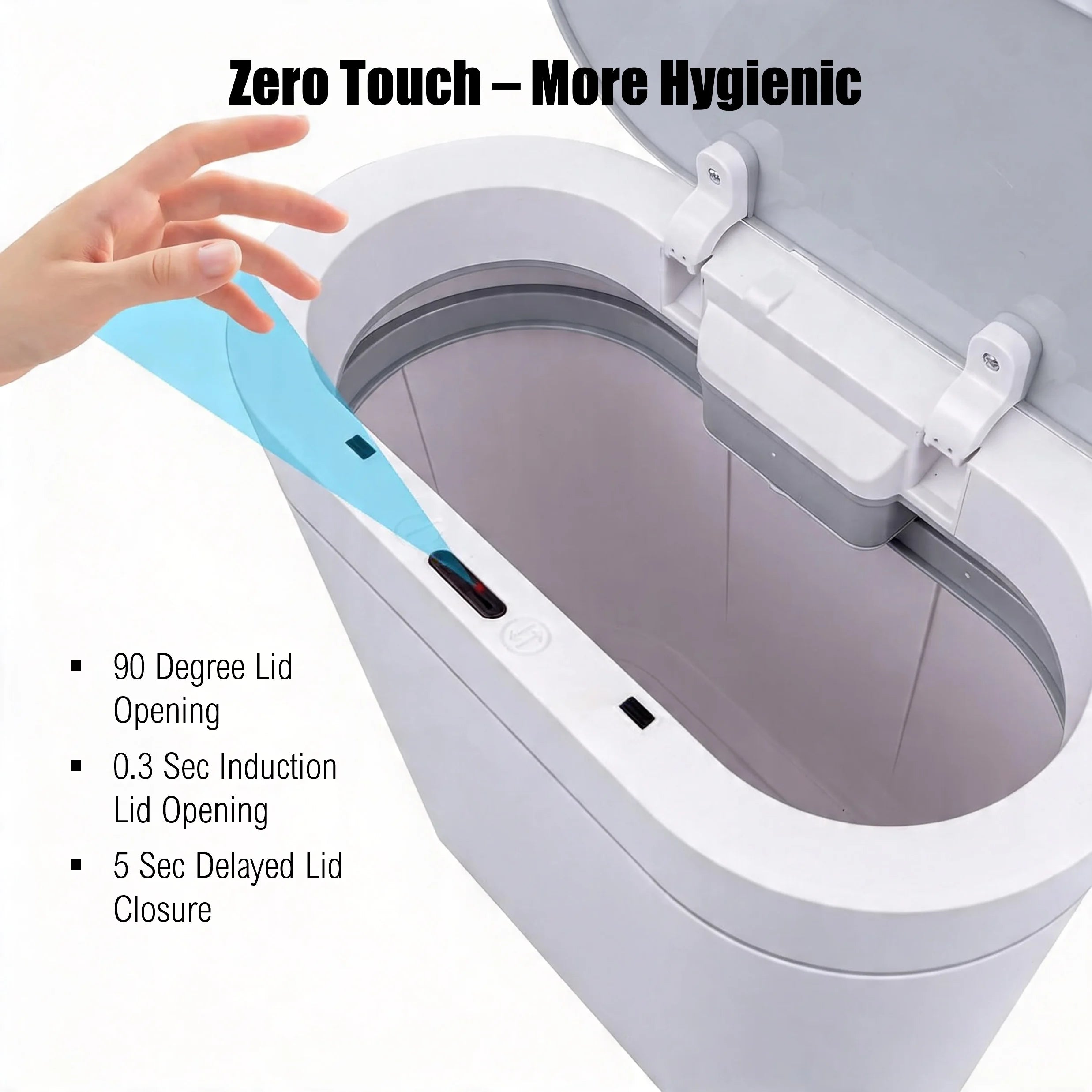 Hand opening a zero-touch trash can with features highlighted on a white background