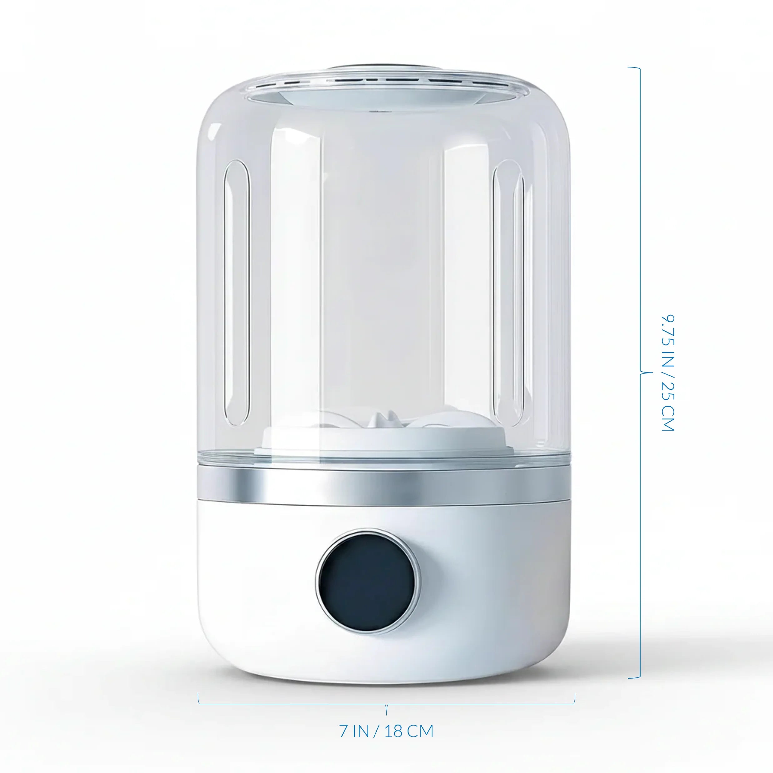 Transparent humidifier with white base on a white background