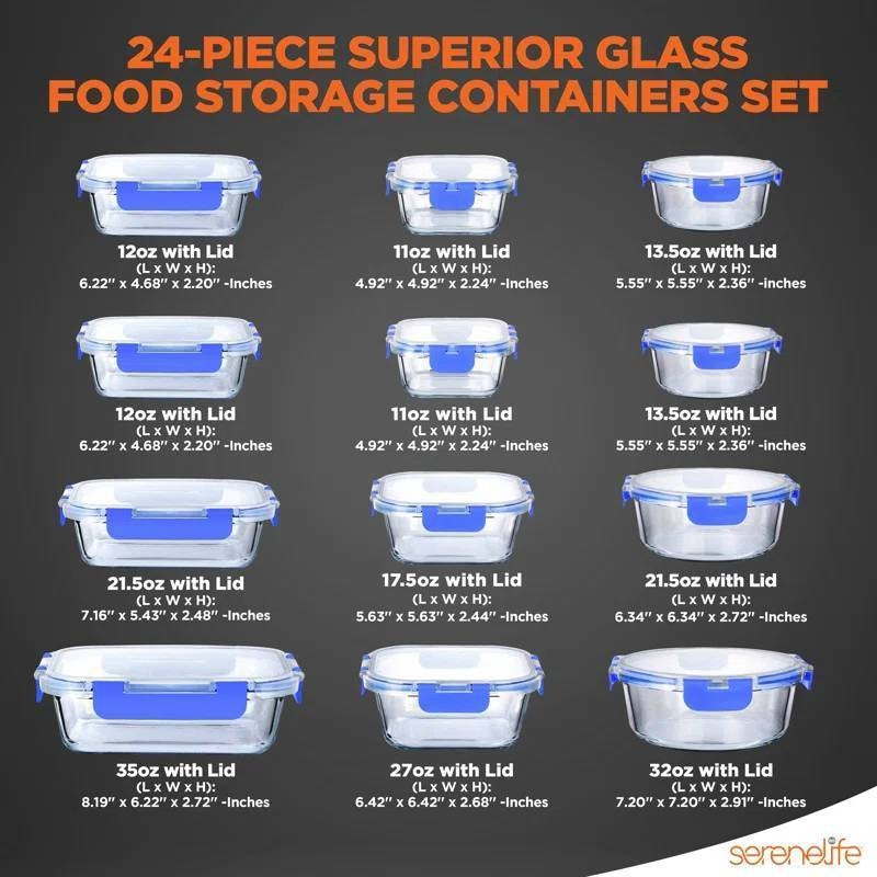 Glass Food Storage Container Bakeware Set with Snap Locking Lids 24 Pieces