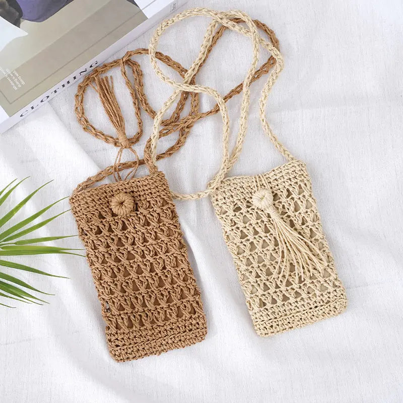 Handwoven Vintage Straw Beach Phone Bag With Tassel
