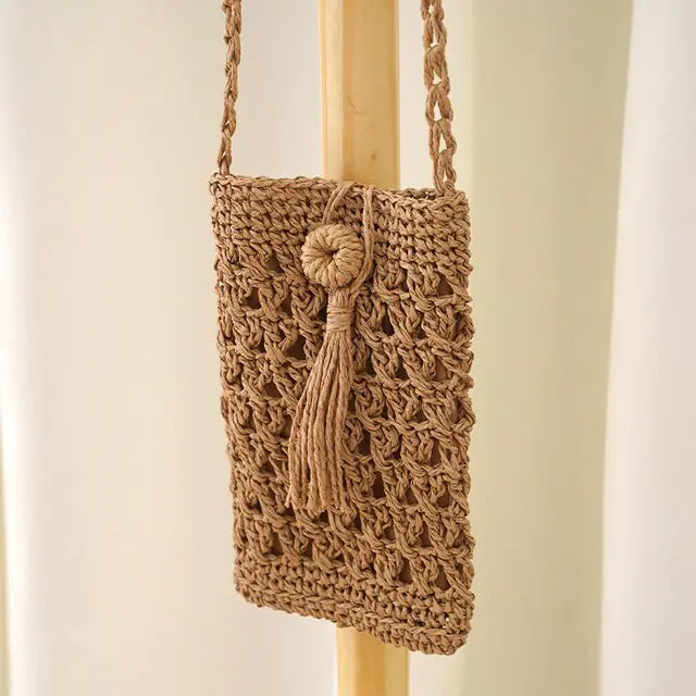 Handwoven Vintage Straw Beach Phone Bag With Tassel
