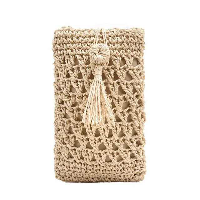 Handwoven Vintage Straw Beach Phone Bag With Tassel