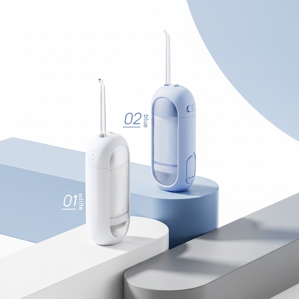Two dental water flossers, one white and one blue, on a modern design background.