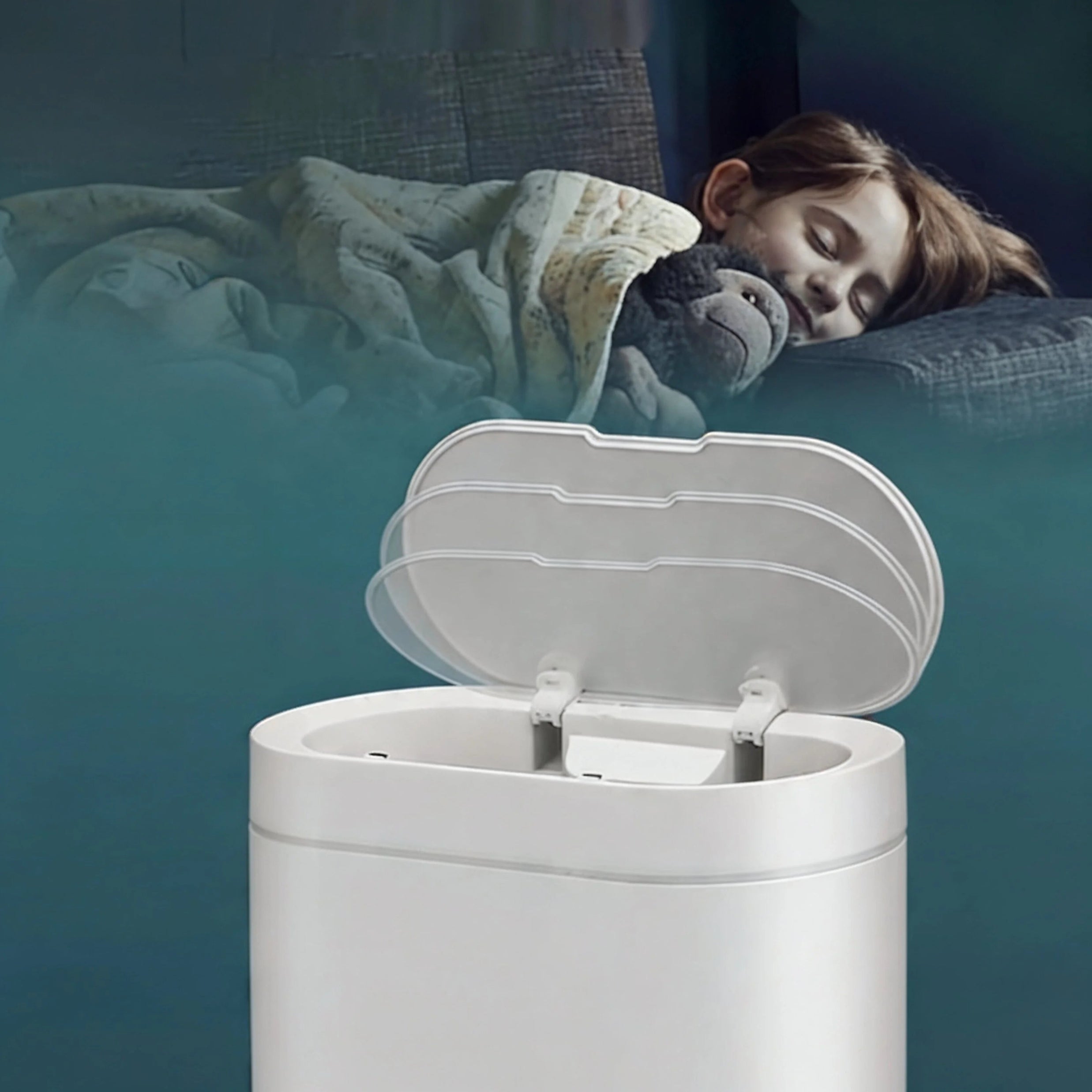 White trash bin with open lid on a dark background