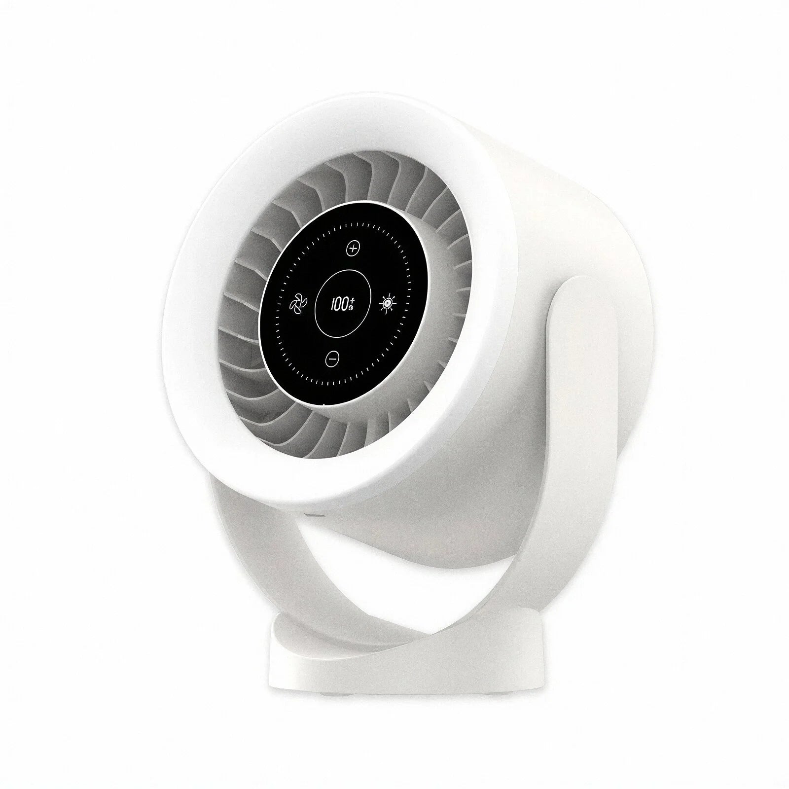 White desk fan with digital display on a white background